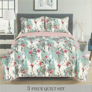 3 Piece Quilted Bedspread Set - Sage Floral Bedding Set- Full/Queen & King Size